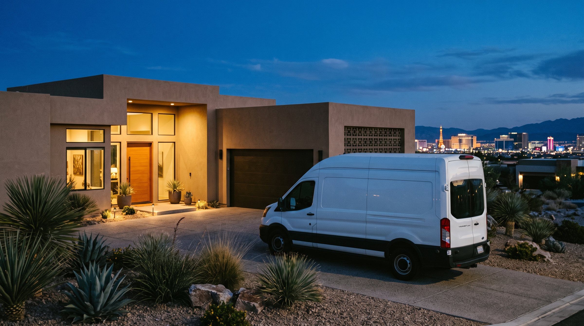 Handyman van parked at a modern Las Vegas home at dusk, Strip skyline on the horizon